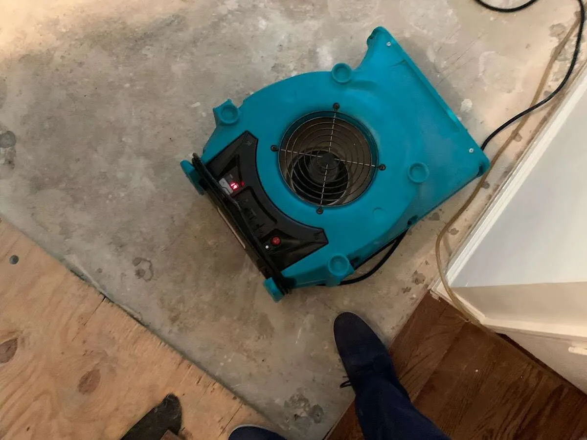 Air mover drying subfloor during Commercial Water Damage Restoration in Montgomery